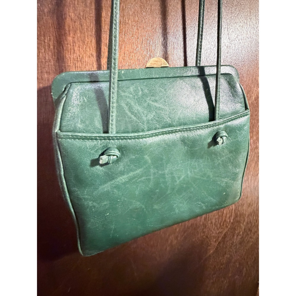 Ganson Vintage Green Leather Crossbody Frame Bag Gold Hardware Kiss Lock Retro